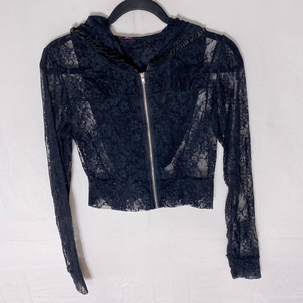 Black Sheer Lace Zip Front Cropped Hoodie XXS Whimsygoth Coquette Grunge
